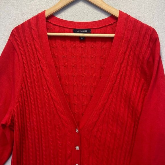 Lands' End Cable Knit Cardigan Sweater Women's 2X 20W-22W Red Holiday Christmas - Picture 5 of 12